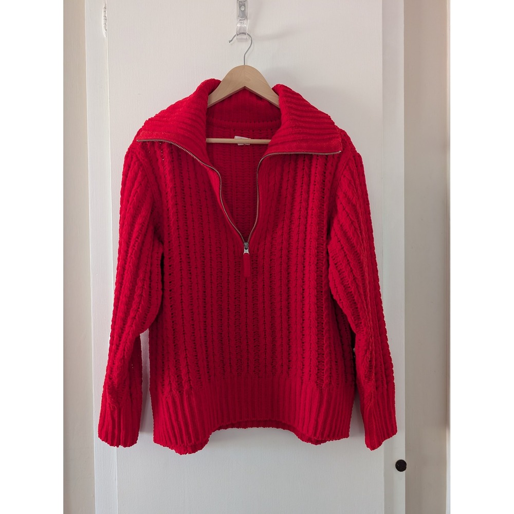 Aerie Red Chenille Cable Knit Quarter Zip Pullover Sweater XS Oversized Lounge